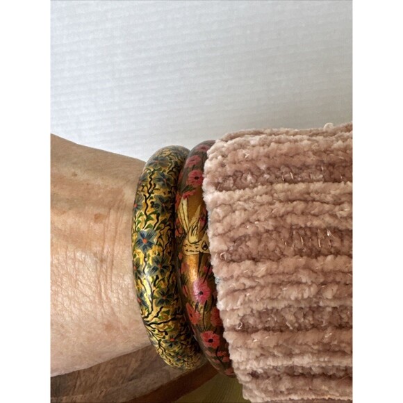 Vintage Set 2 Tree Of Life And 2 Birds Flowers Painted Wood Bangle Bracelets - Picture 3 of 16